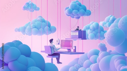 Illustration of cloud-based contact center with floating workstations