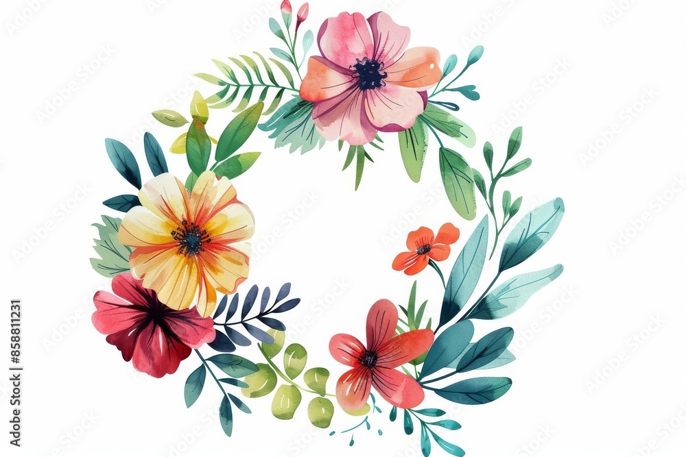 Obraz premium Isolated vector illustration of a spring wreath with fresh flowers and leaves on a white background, festive and colorful 