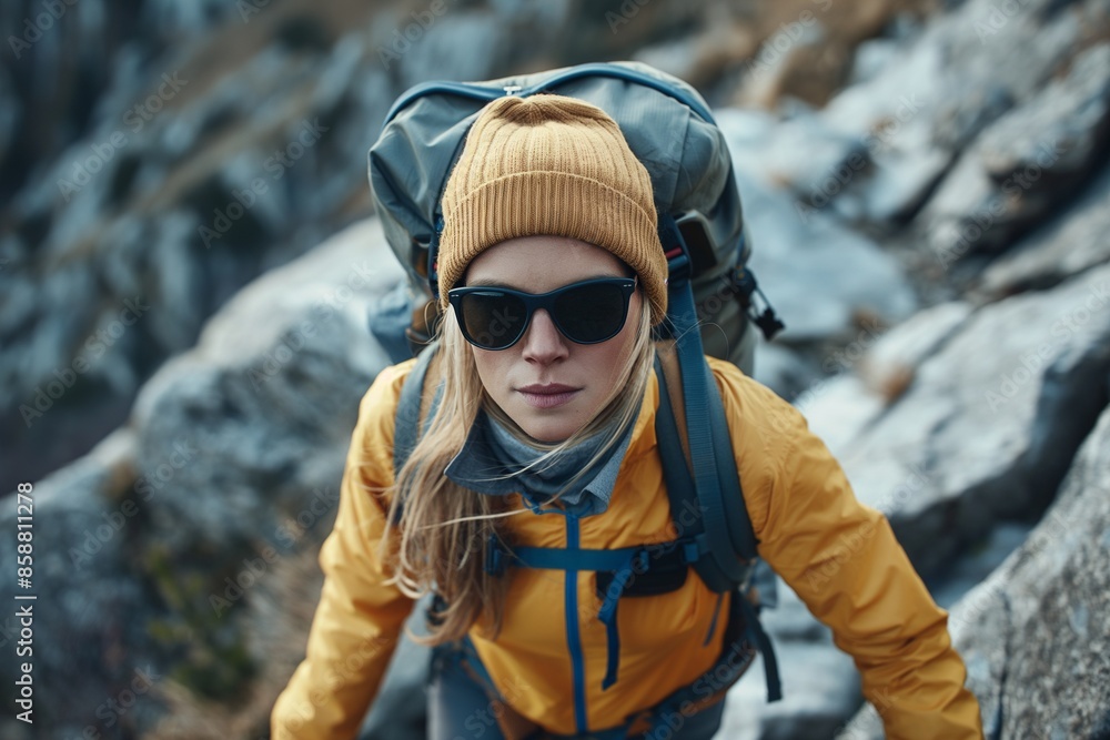 Determined Female Hiker Conquering Rocky Terrain in Stylish Outdoor Gear Determined Female Hiker Conquering Rocky Terrain in Stylish Outdoor Gear