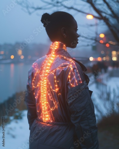 Warm glowing spine tattoos on the lower back, standing out against a soft, cozy backdrop in shades of raspberry, cobblestone gray, and clay. photo