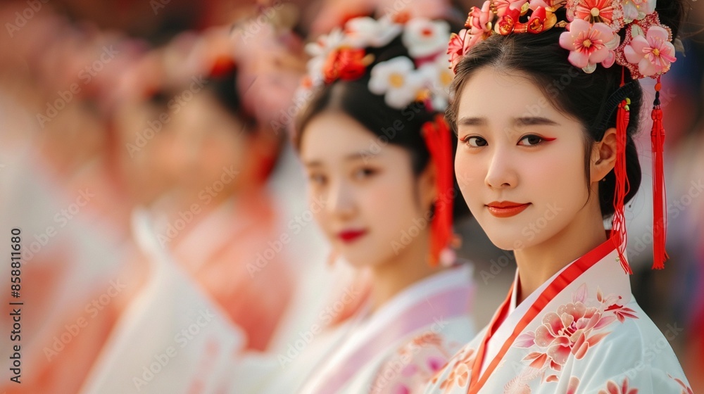 Participants in a traditional costume contest, showcasing elaborate and colorful Chinese attire, judges evaluating and spectators admiring during the National Day celebration Participants in a traditional costume contest, showcasing elaborate and colorful Chinese attire, judges evaluating and spectators admiring during the National Day celebration
