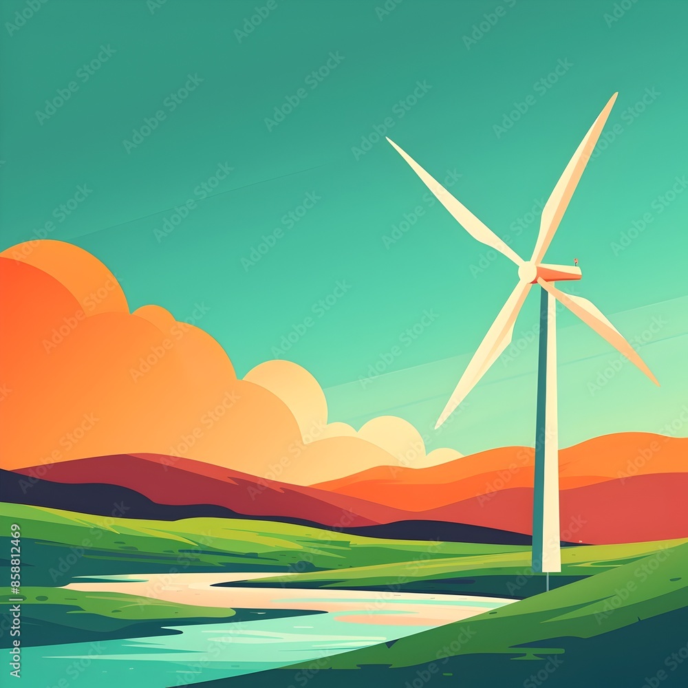 Fototapeta premium Scenic Wind Power Landscape in Flat Design Side View with Complementary Color Scheme