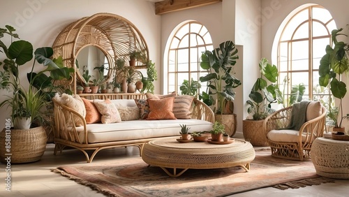 bohemian living style concept showcased in sunlit rooms adorned with rattan furniture, greenery, and macram details. aesthetic, alternative, artistic, chic, colourful, comfortable, cosy, ethnic, fashi © Uzair