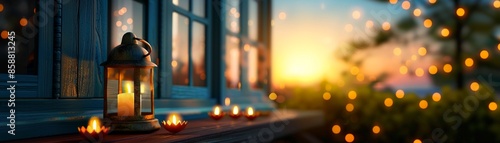 Beautifully decorated home with hanging lanterns and diyas placed on window sills, the exterior glowing warmly in celebration of the Festival of Lights photo