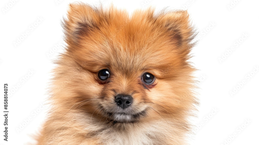 Adorable Pomeranian Spitz puppy portrait with white background