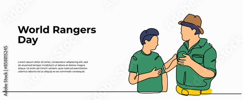 Vector illustration of forest guard giving directions to student .Modern flat in continuous line style.