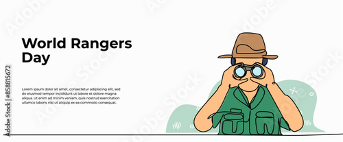 Vector illustration of forest the forest guard was scouting using a binoculars .Modern flat in continuous line style.