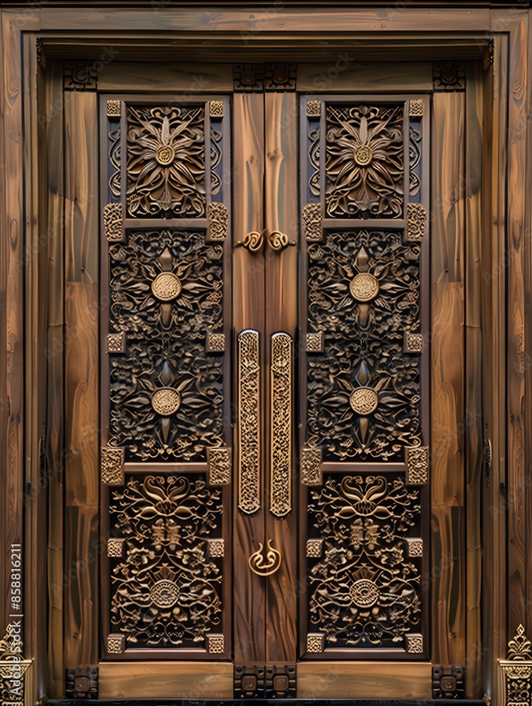 Richly Carved Wooden Doors with Geometric and Floral Details Richly Carved Wooden Doors with Geometric and Floral Details