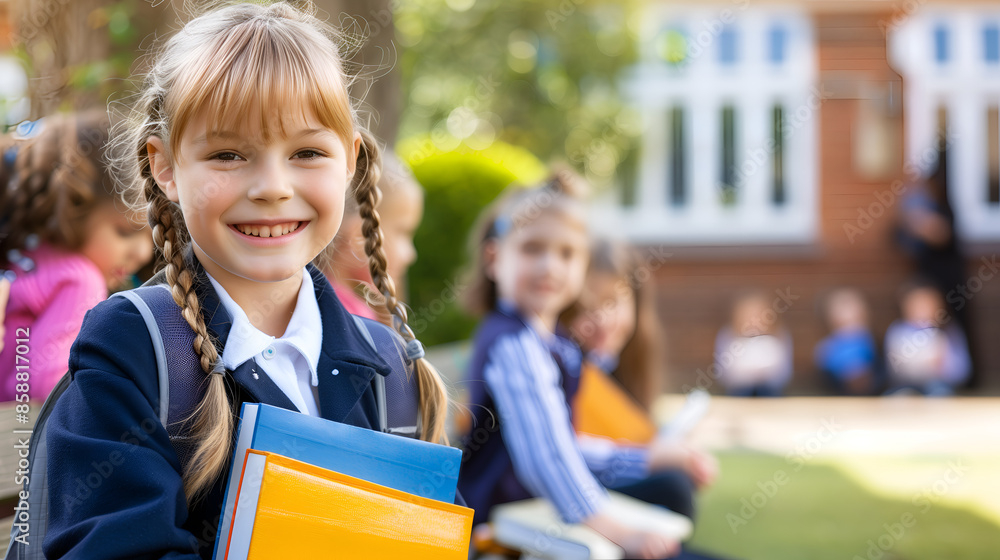 Smiling schoolgirl holding books in the school Smiling schoolgirl holding books in the school