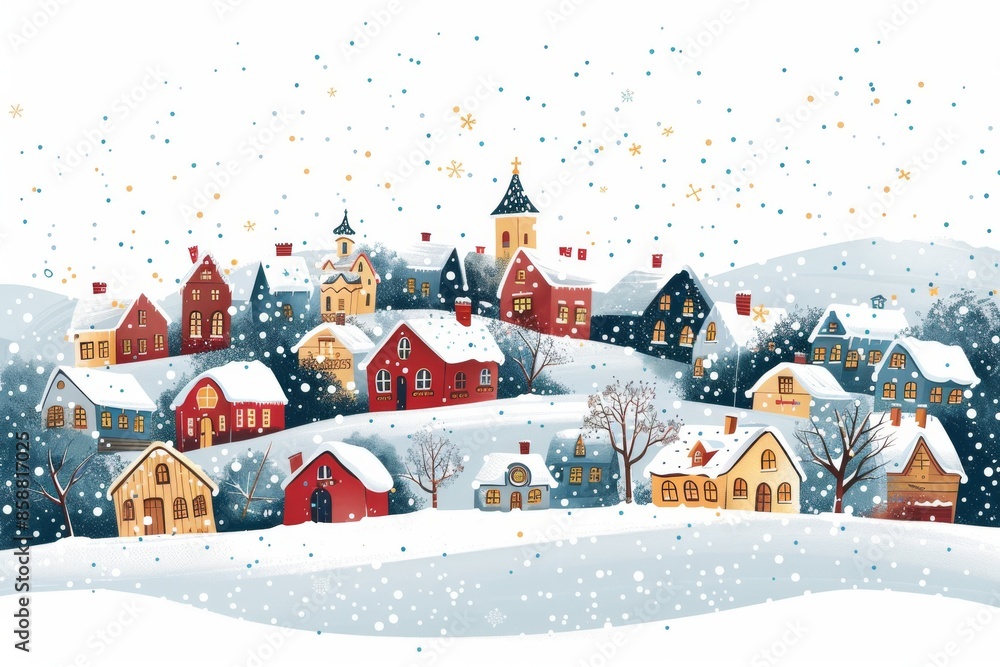 Isolated vector illustration of a winter village scene with snow ...
