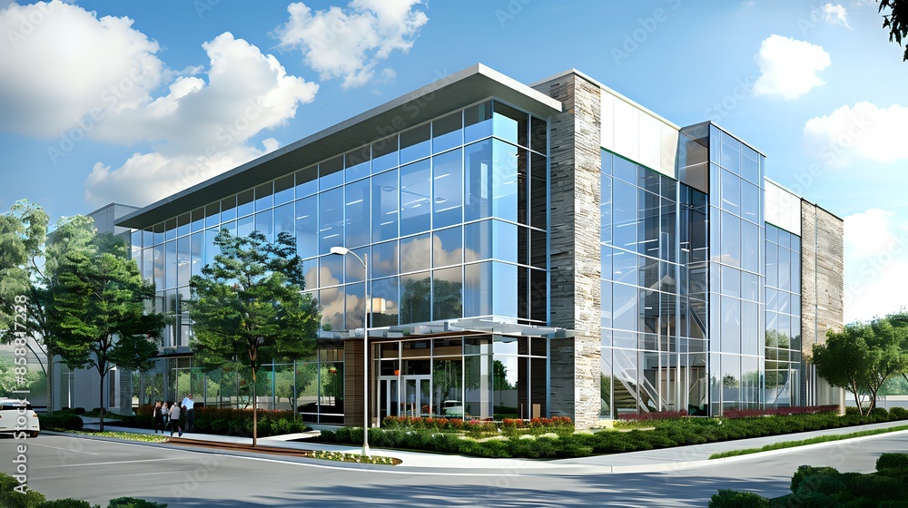 Modern office building with glass facade and stone accents. Modern office building with glass facade and stone accents.