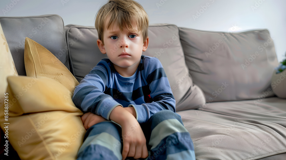 Sad and unhappy little boy sitting on the sofa chair Sad and unhappy little boy sitting on the sofa chair