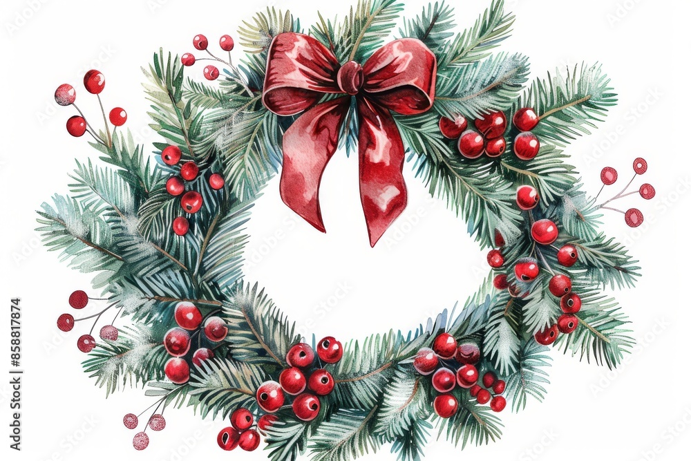 Isolated vector illustration of a wreath made of pine branches, berries, and a bow, with snow on a white background, festive and detailed Isolated vector illustration of a wreath made of pine branches, berries, and a bow, with snow on a white background, festive and detailed