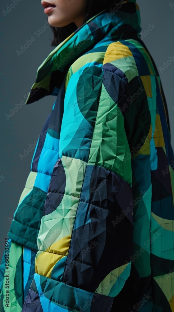 Fototapeta premium A geometric print jacket with a mix of sharp and curved lines in shades of green and blue.
