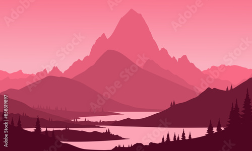 Vector red mountain landscape with clean sky, calm river and tree silhouettes