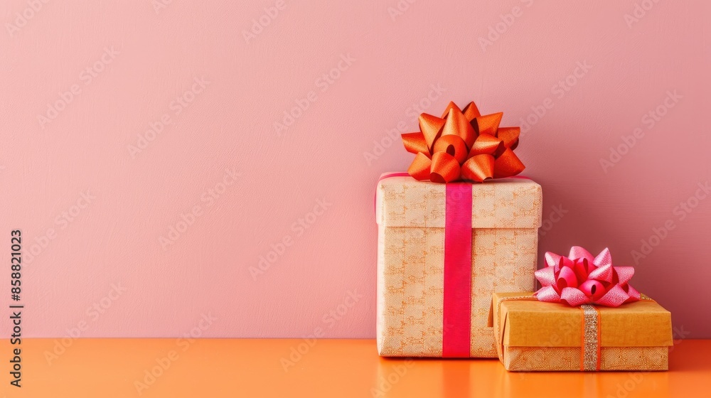 Gift boxes on orange table with pink wall background for copy space Gift boxes on orange table with pink wall background for copy space