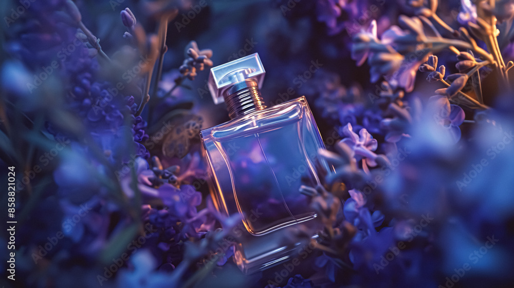 Perfume bottle with beautiful flowers. Beauty concept. Flat lay, top view Perfume bottle with beautiful flowers. Beauty concept. Flat lay, top view