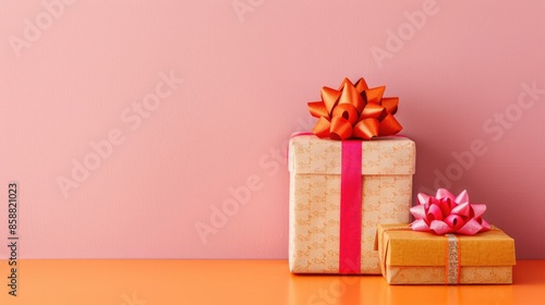 Gift boxes on orange table with pink wall background for copy space © TheWaterMeloonProjec