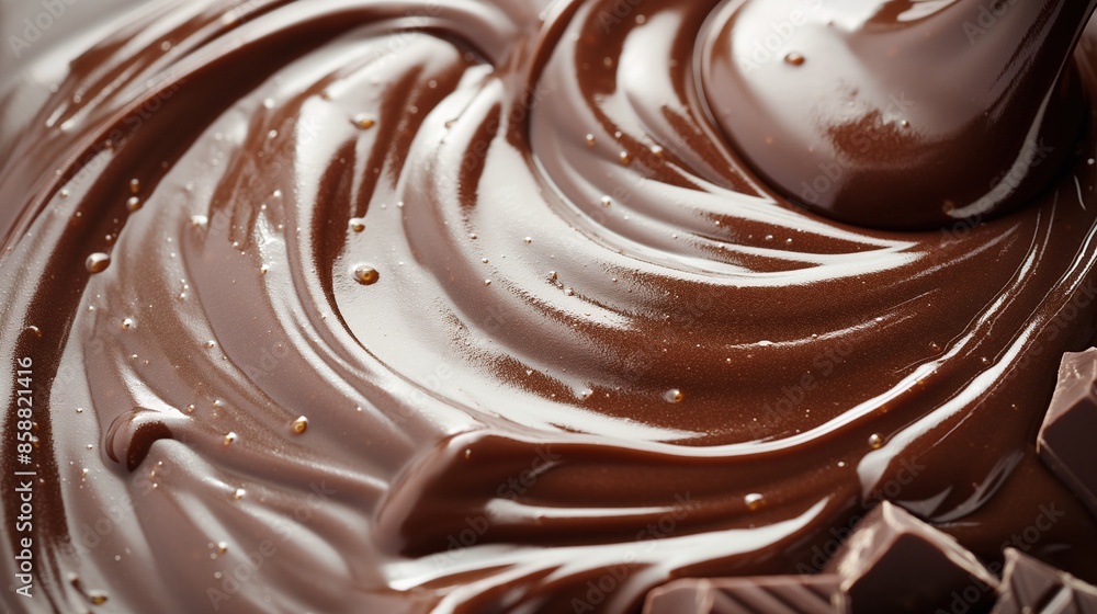 Glossy flowing chocolate with swirls and broken pieces of dark chocolate bar creating a rich and indulgent close-up texture Glossy flowing chocolate with swirls and broken pieces of dark chocolate bar creating a rich and indulgent close-up texture