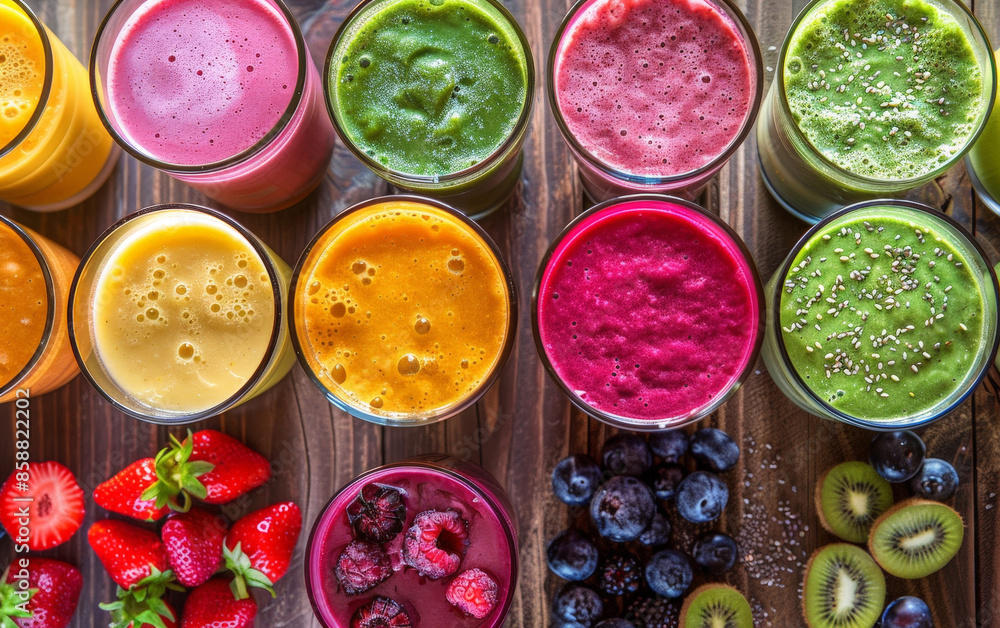 overhead view of a variety of colorful smoothies in glasses, featuring vibrant shades of green, yellow, pink, orange smoothies surrounded by fresh fruits like strawberries, blueberries, kiwi overhead view of a variety of colorful smoothies in glasses, featuring vibrant shades of green, yellow, pink, orange smoothies surrounded by fresh fruits like strawberries, blueberries, kiwi