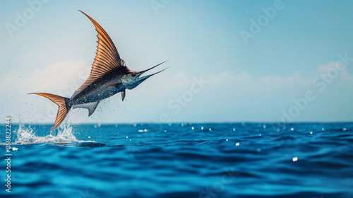  sailfish leaping out of the water, chasing after its prey. The sail fish is seen in mid-ai 