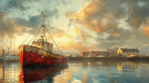 Wallpaper Mural Fishing boat in a bustling port with red and brown hues Torontodigital.ca