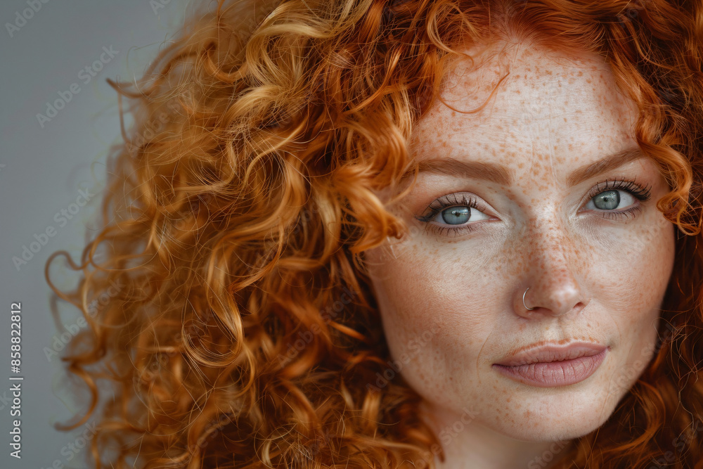 Naklejka premium a woman with freckles and a blue shirt