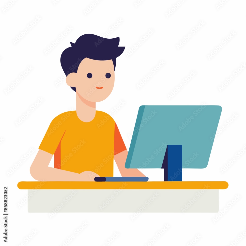 Computer vector art illustration of a young man sitting at his desk working. Computer vector art illustration of a young man sitting at his desk working.