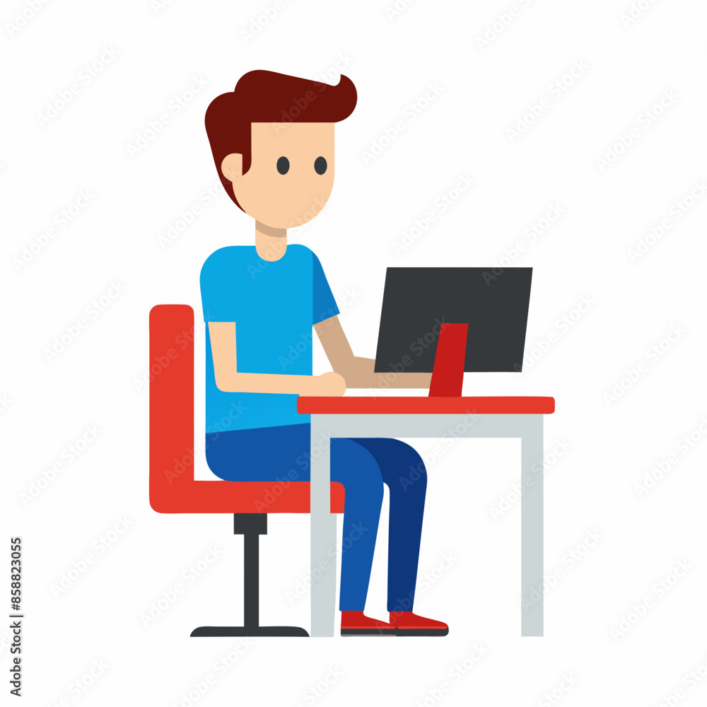 Computer vector art illustration of a young man sitting at his desk working. Computer vector art illustration of a young man sitting at his desk working.