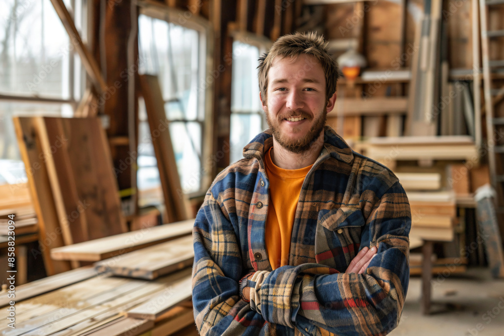 a man standing in a room with lots of wood a man standing in a room with lots of wood