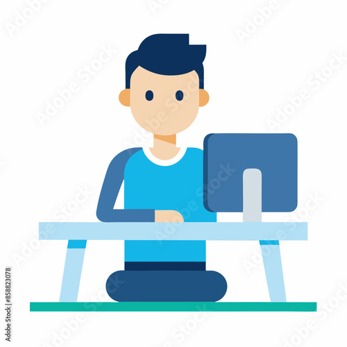 Computer vector art illustration of a young man sitting at his desk working. 
