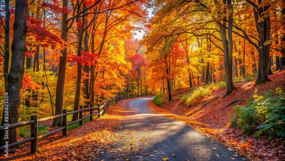 Vibrant autumn foliage surrounds a scenic winding trail, strewn with fallen leaves, beneath a warm sunlight, evoking feelings of coziness and harmony on a crisp fall day.,hd, 8k.