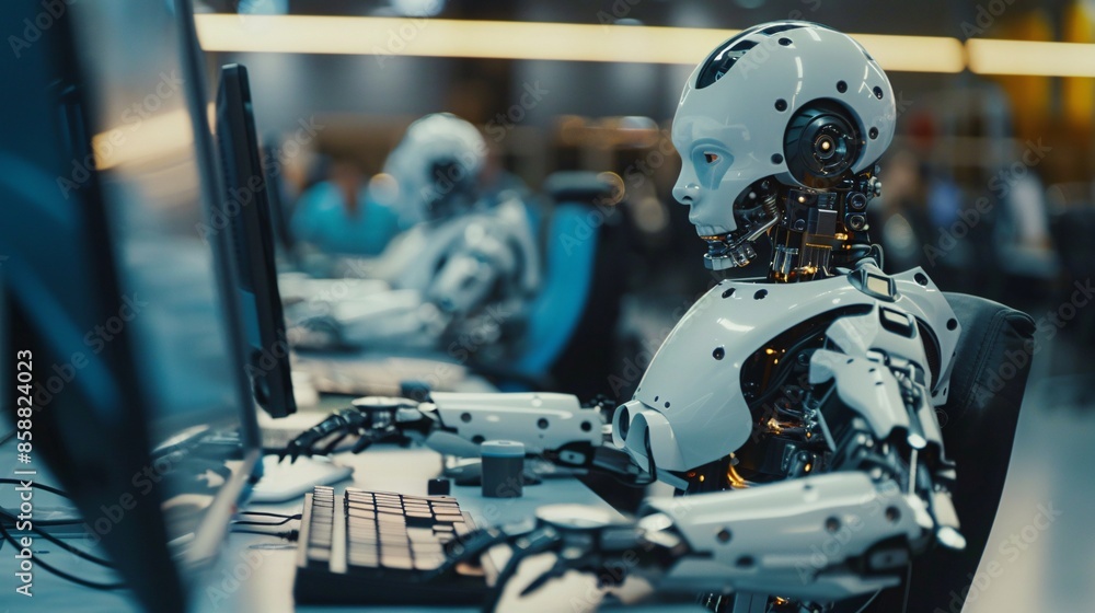 Among people in an office setting, a robot is shown working at a computer, typing on a keyboard. This portrays an IT team of the future, highlighting futuristic worker roles such as humanoid workers Among people in an office setting, a robot is shown working at a computer, typing on a keyboard. This portrays an IT team of the future, highlighting futuristic worker roles such as humanoid workers
