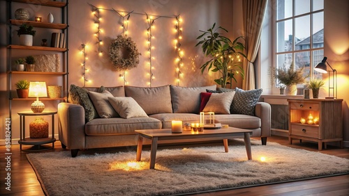 Cozy living room interior with comfortable couch, soft carpet, and warm lighting, evoking feelings of love, comfort, and togetherness.,hd, 8k.