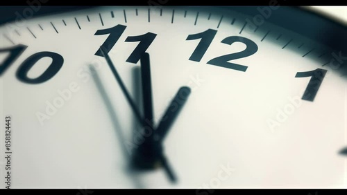 Clock face 4K UHD real time footage at 12 noon or 12 AM. Black second pointer clicks. Clock time ticking on a classic Wall Clock. Shadows moving over the Watch. Half of Clock dial close-up isolated. 