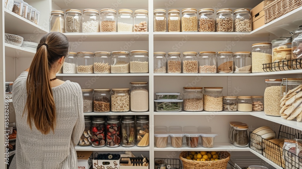 Fototapeta premium Person organizing a pantry with labeled containers and baskets
