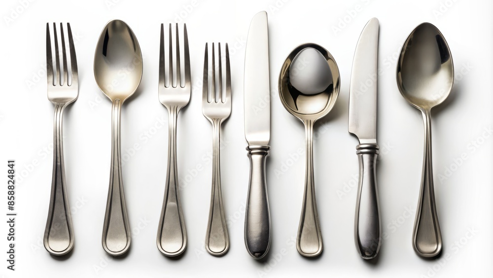 Isolated cutlery set on white background with empty plate, spoon, teaspoon, fork, and knife arranged neatly from above, awaiting culinary composition, ready for editing.,hd, 8k. Isolated cutlery set on white background with empty plate, spoon, teaspoon, fork, and knife arranged neatly from above, awaiting culinary composition, ready for editing.,hd, 8k.