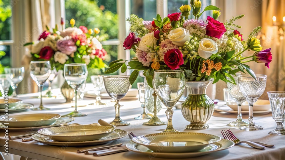 Elegant dinner table set with fine china, crystal glasses, and polished silverware, adorned with a crisp white tablecloth and a centerpiece of fresh flowers.,hd, 8k. Elegant dinner table set with fine china, crystal glasses, and polished silverware, adorned with a crisp white tablecloth and a centerpiece of fresh flowers.,hd, 8k.