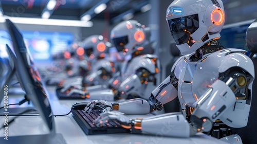 Among people in an office setting, a robot is shown working at a computer, typing on a keyboard. This portrays an IT team of the future, highlighting futuristic worker roles such as humanoid workers