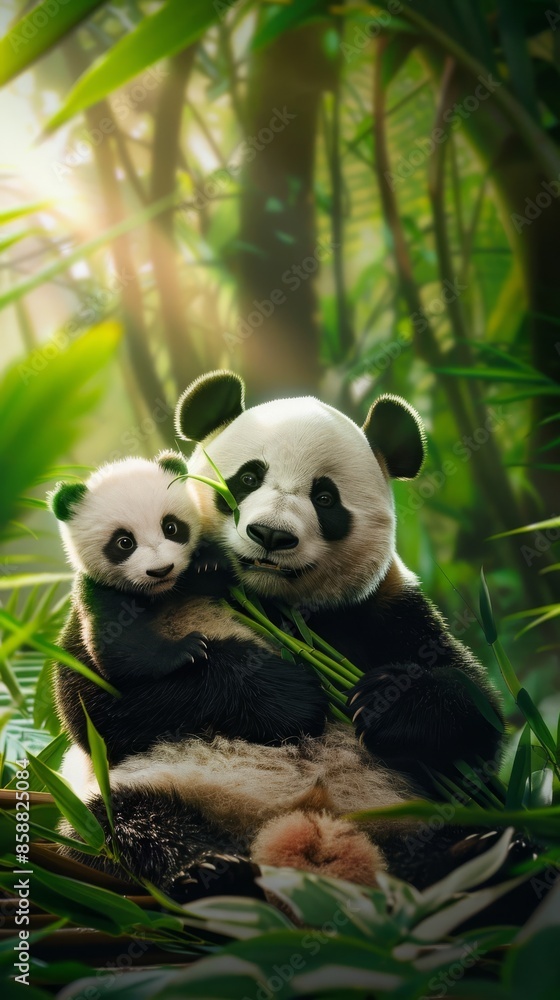 Obraz premium Bamboo feast: panda love in the wild on a fuzzy jungle background
