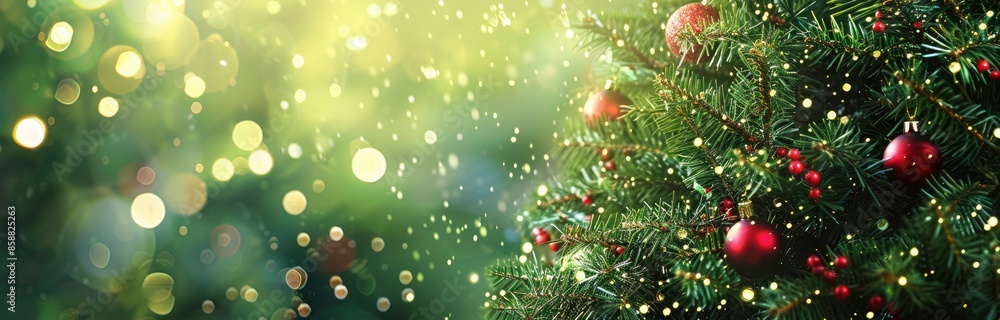 C Christmas banner with christmas tree with red ornaments and blurred green background with lights, banner design. Christmas decoration concept C Christmas banner with christmas tree with red ornaments and blurred green background with lights, banner design. Christmas decoration concept