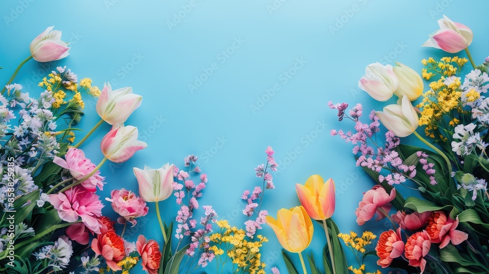 Obraz premium Colorful pancy flowers spring border Easter greeting card with copy space