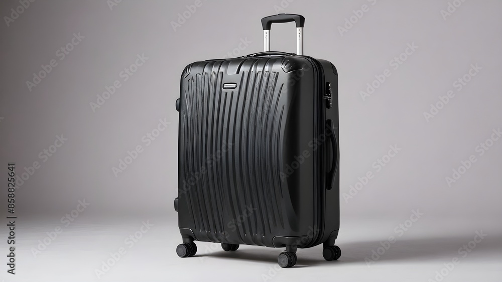 Fototapeta premium A black hard-shell suitcase with a ribbed design, featuring four multidirectional wheels and a retractable handle.