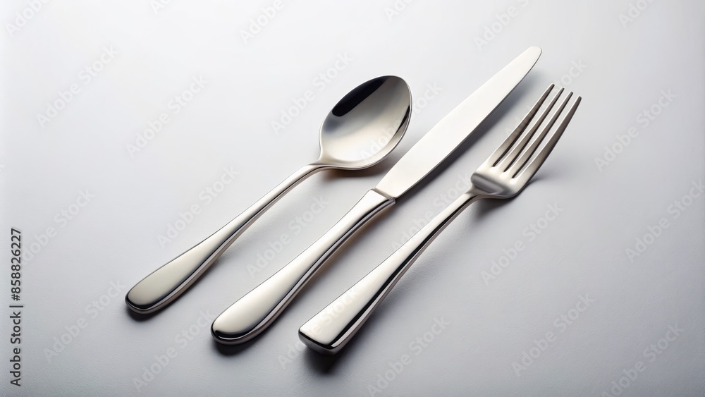 Sleek stainless steel fork, knife, and spoon laid out minimalist style against a clean white background, showcasing simple, modern, and elegant design.,hd, 8k. Sleek stainless steel fork, knife, and spoon laid out minimalist style against a clean white background, showcasing simple, modern, and elegant design.,hd, 8k.