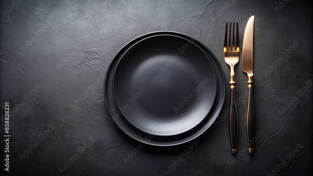 Elegant black plate and cutlery set against a refined black table, empty and waiting for a culinary masterpiece, exuding sophistication and refinement.,hd, 8k. Elegant black plate and cutlery set against a refined black table, empty and waiting for a culinary masterpiece, exuding sophistication and refinement.,hd, 8k.