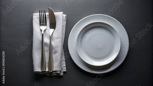 Elegantly set white ceramic plate paired with stainless steel cutlery and crisp white linen napkin on a sleek black table surface.,hd, 8k. photo