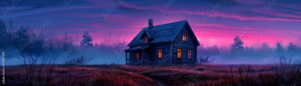 Eerie scene of an old, abandoned house with broken windows and overgrown weeds, decorated for Halloween with cobwebs and skeletons, capturing the haunted atmosphere Eerie scene of an old, abandoned house with broken windows and overgrown weeds, decorated for Halloween with cobwebs and skeletons, capturing the haunted atmosphere