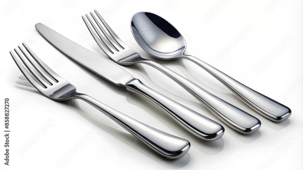 Shiny stainless steel cutlery set, comprising a spoon, fork, and knife, neatly arranged and isolated on a clean white background, awaiting culinary use.,hd, 8k. Shiny stainless steel cutlery set, comprising a spoon, fork, and knife, neatly arranged and isolated on a clean white background, awaiting culinary use.,hd, 8k.