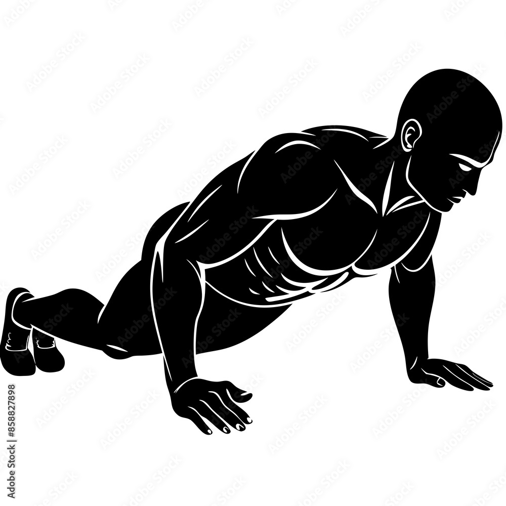 Bodybuilder performing a push-up on the ground vector silhouette Bodybuilder performing a push-up on the ground vector silhouette