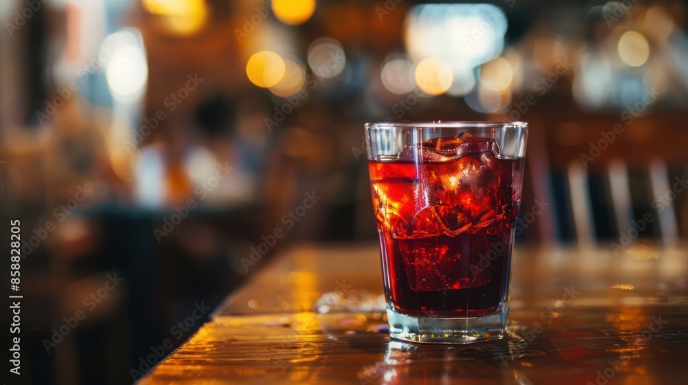 Red Drink in a Glass on a Table with Blurred Background Red Drink in a Glass on a Table with Blurred Background